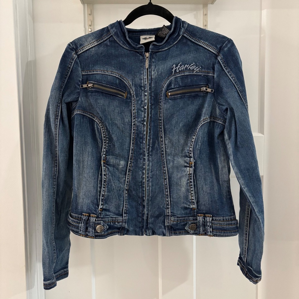 Harley Davidson Wmns M Denim Motorcycle Jacket Rhinestone Angel Wings Blue Y2K